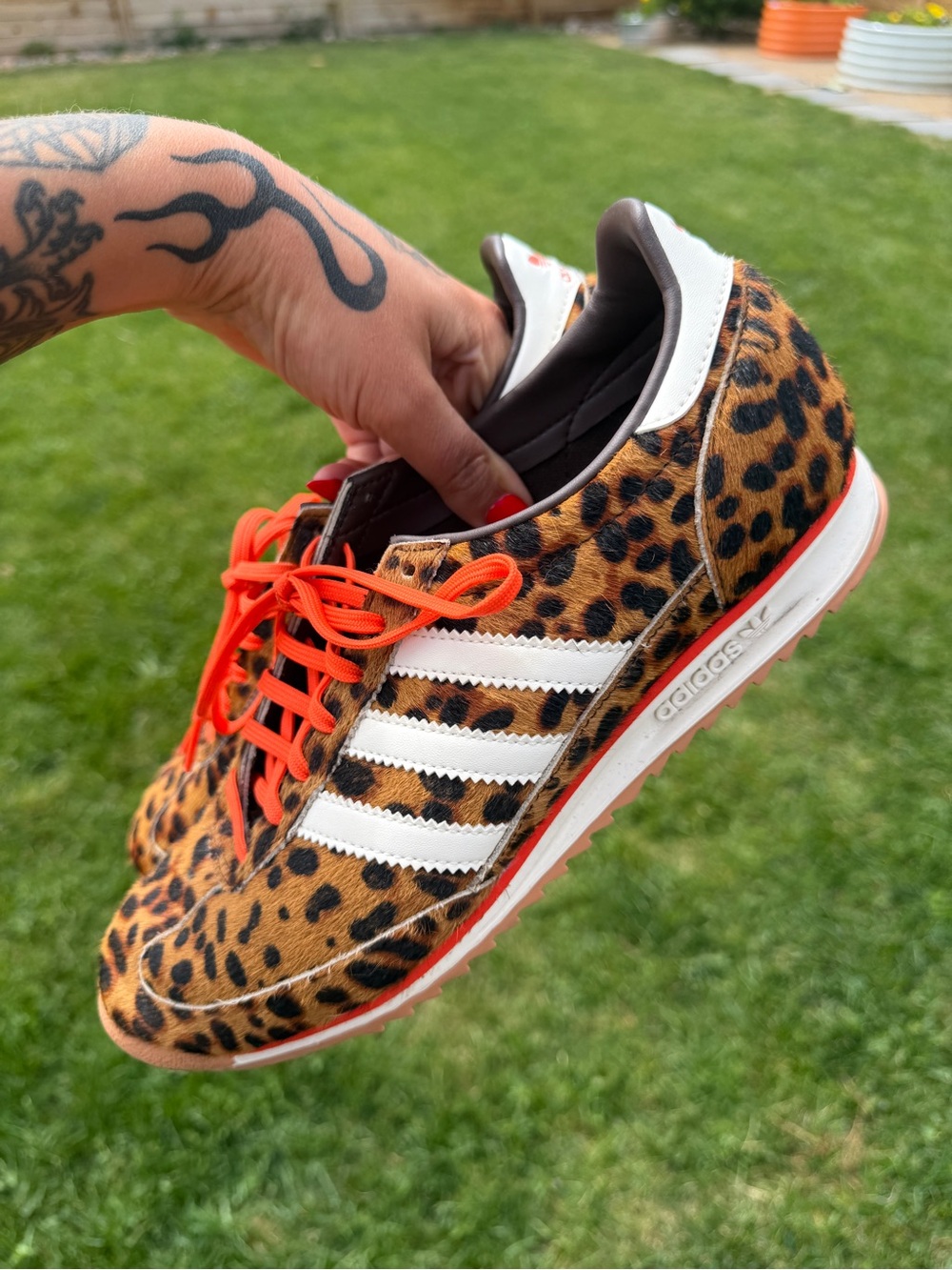 adidas Leopard Print Sneaker with White Stripes and Orange Accents - Picture 3 of 5